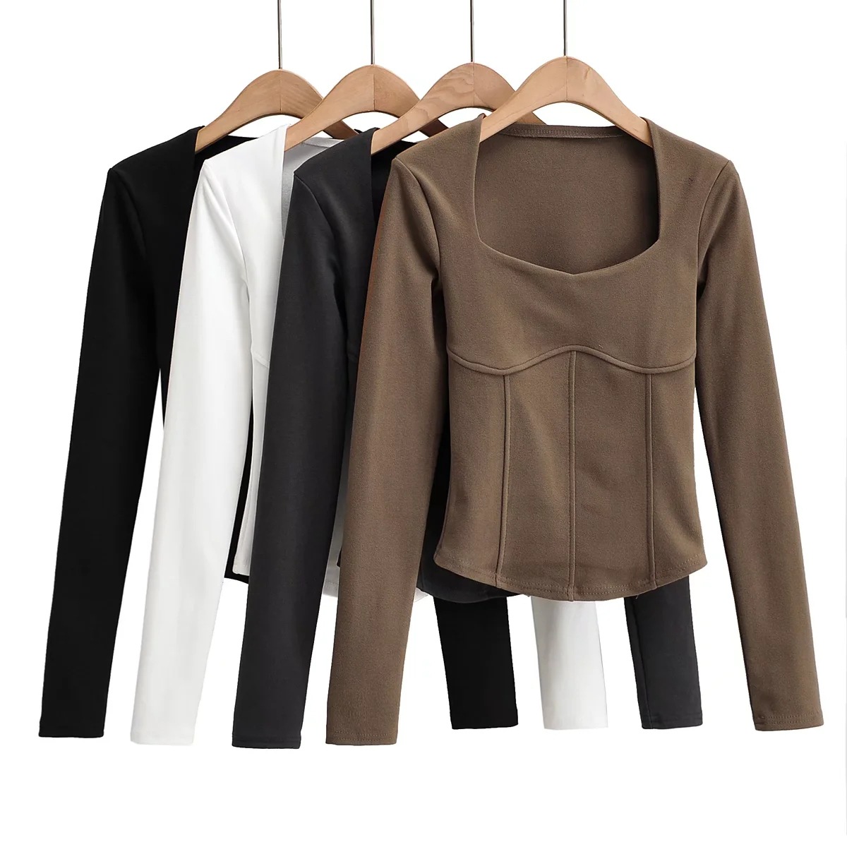 Qadın kvadrat boğazlı uzunqol köynək, slim fit