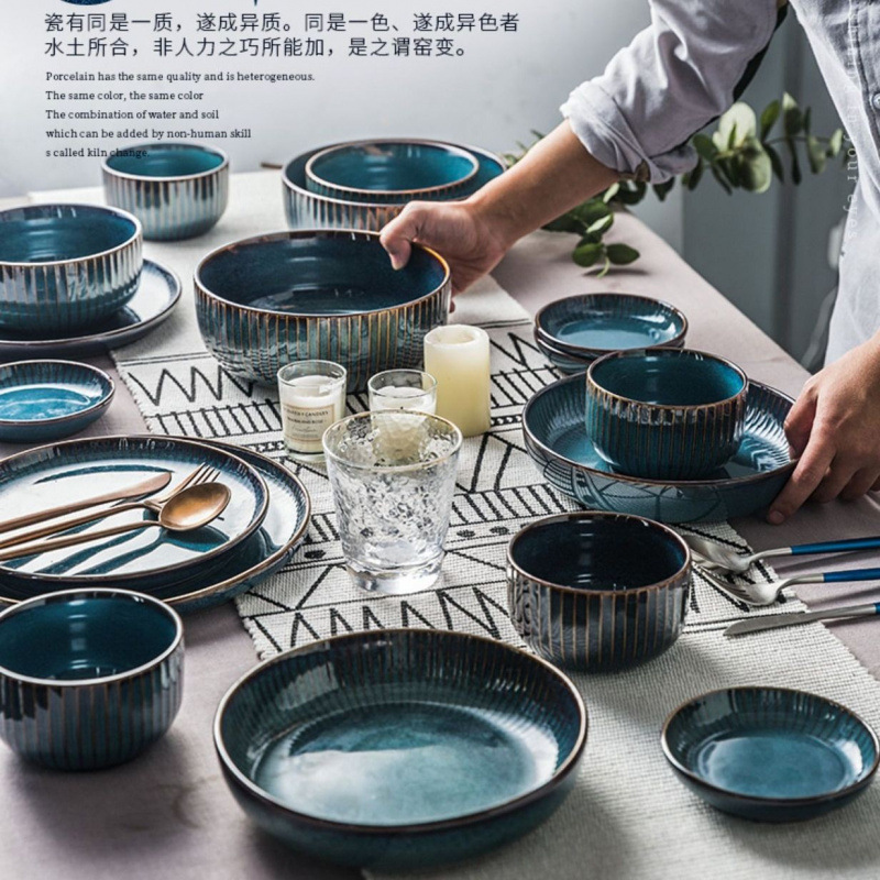 Collection of Solid Color Vintage Ceramic Bowls for Home Use, Thick Large Serving Bowls, Deep Plates, Noodle Bowls, Japanese-Style Kiln-Glazed Soup Bowls with Imperfections