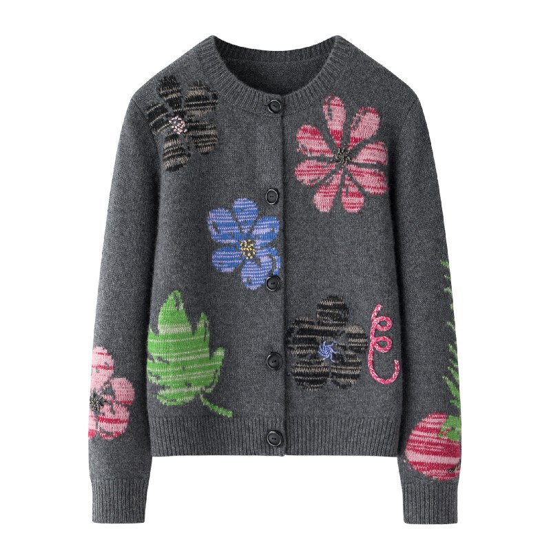 Huge Warm and Thickeneded Sunflower Round Neck Short Cardigan Cashmere Sweater 100 Pure Cashmere Embroidered Casual Sweater