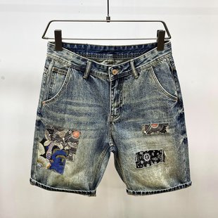 Trendy Men's Loose Denim Shorts with Embroidery Patches, Summer 2024 New Thin Mid-Length Shorts