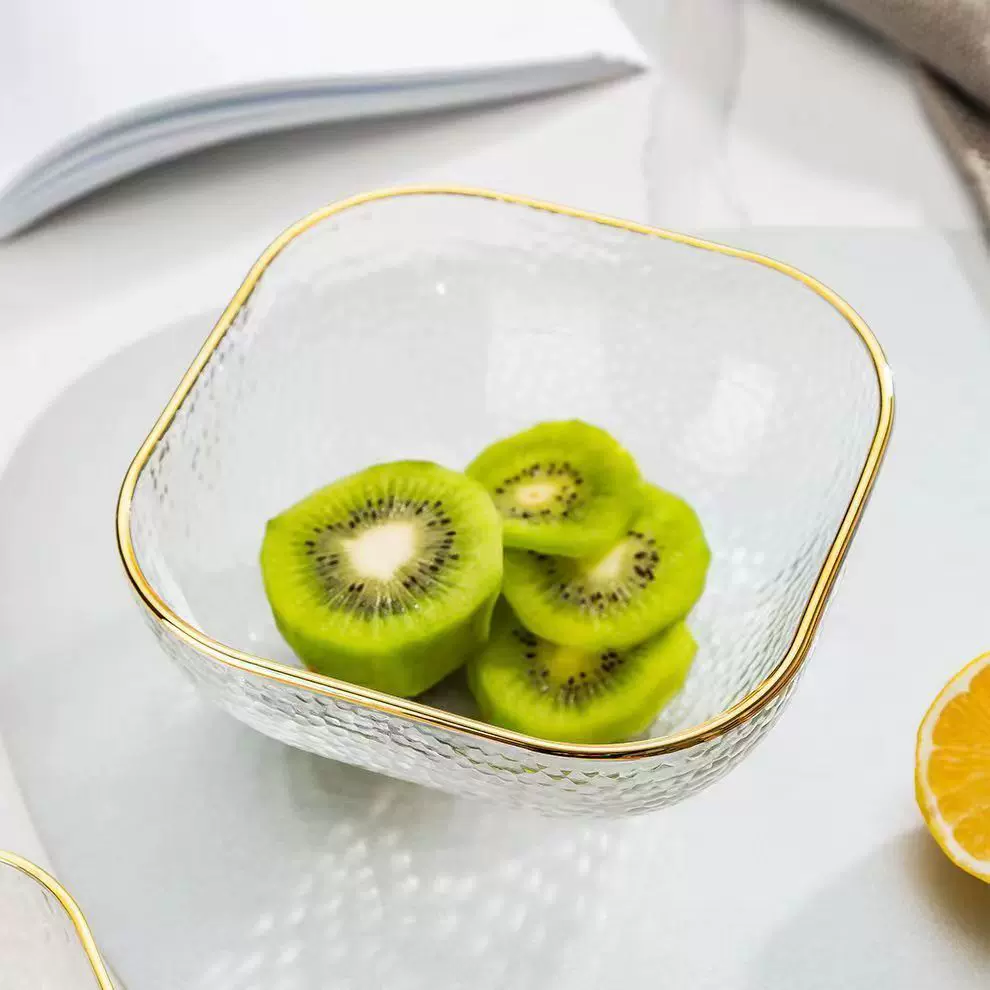 日式金边锤纹玻璃碗水果盘蔬菜沙拉碗透明玻璃碗家用大容量创意