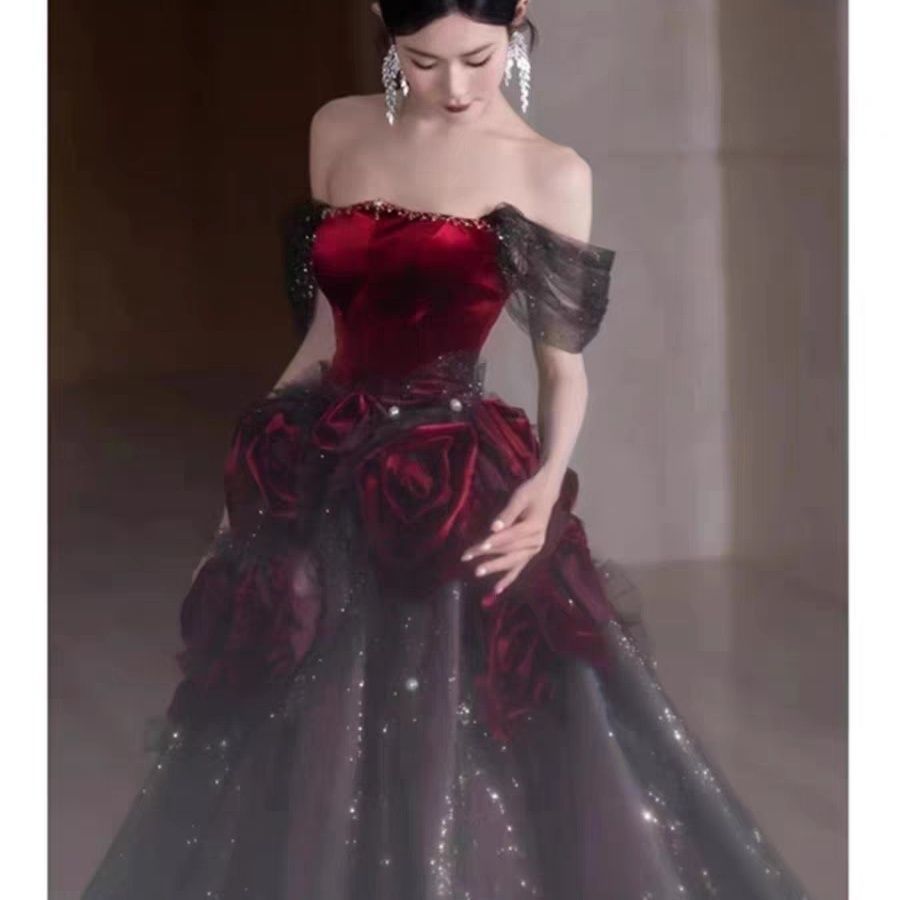 Toast Dress, Bride's Tube Top, Elegant Red High-End Wedding Evening Dress, Female Summer Fugitive Princess Engagement Long Style