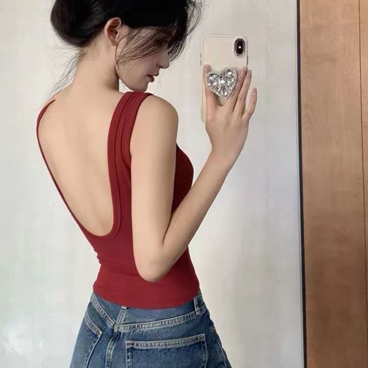 Hot girl long camisole women's sexy big U back slim fit all-match slimming outer wear beautiful strap chest pad bottoming shirt