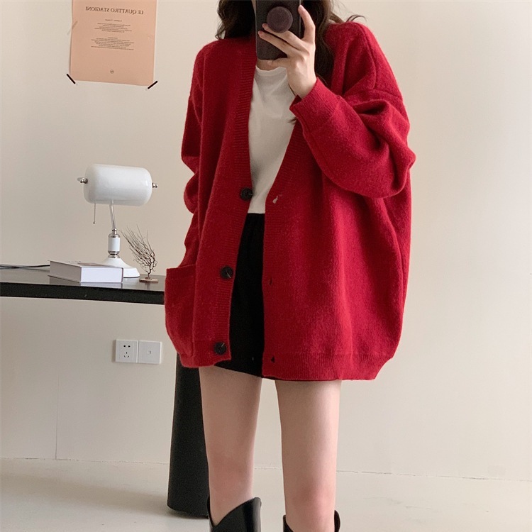 秋と冬の新しいクロスボーダー大きいサイズの女性用セーターカーディガン、柔らかくワックスのようなルーズなレイジースタイルの無地ニットのデザイン|undefined