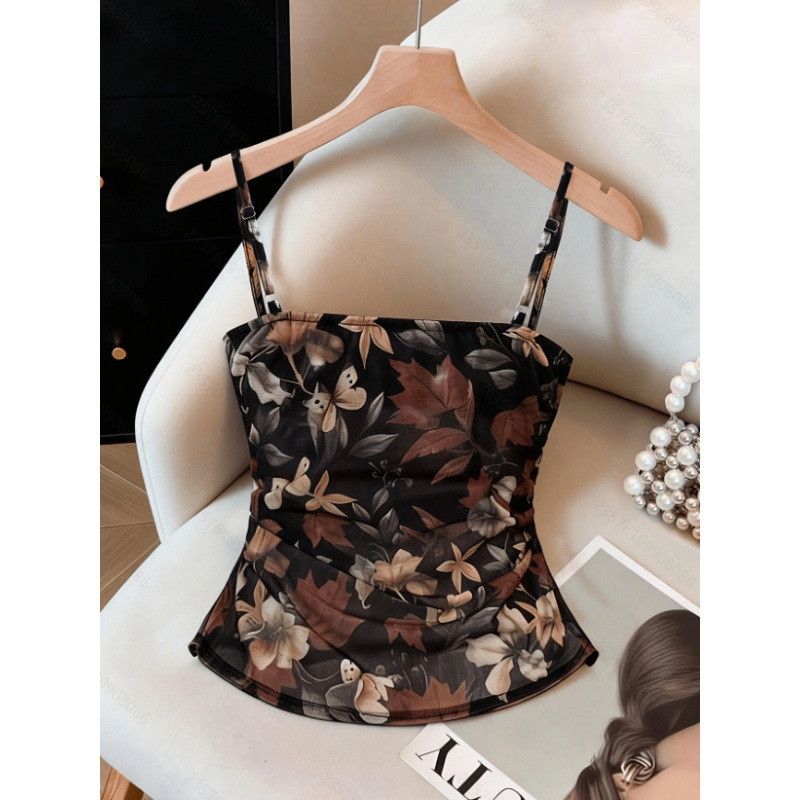 Women's New Summer Fashion Versatile and Elegant Mesh Floral Print Pleated Design Camisole