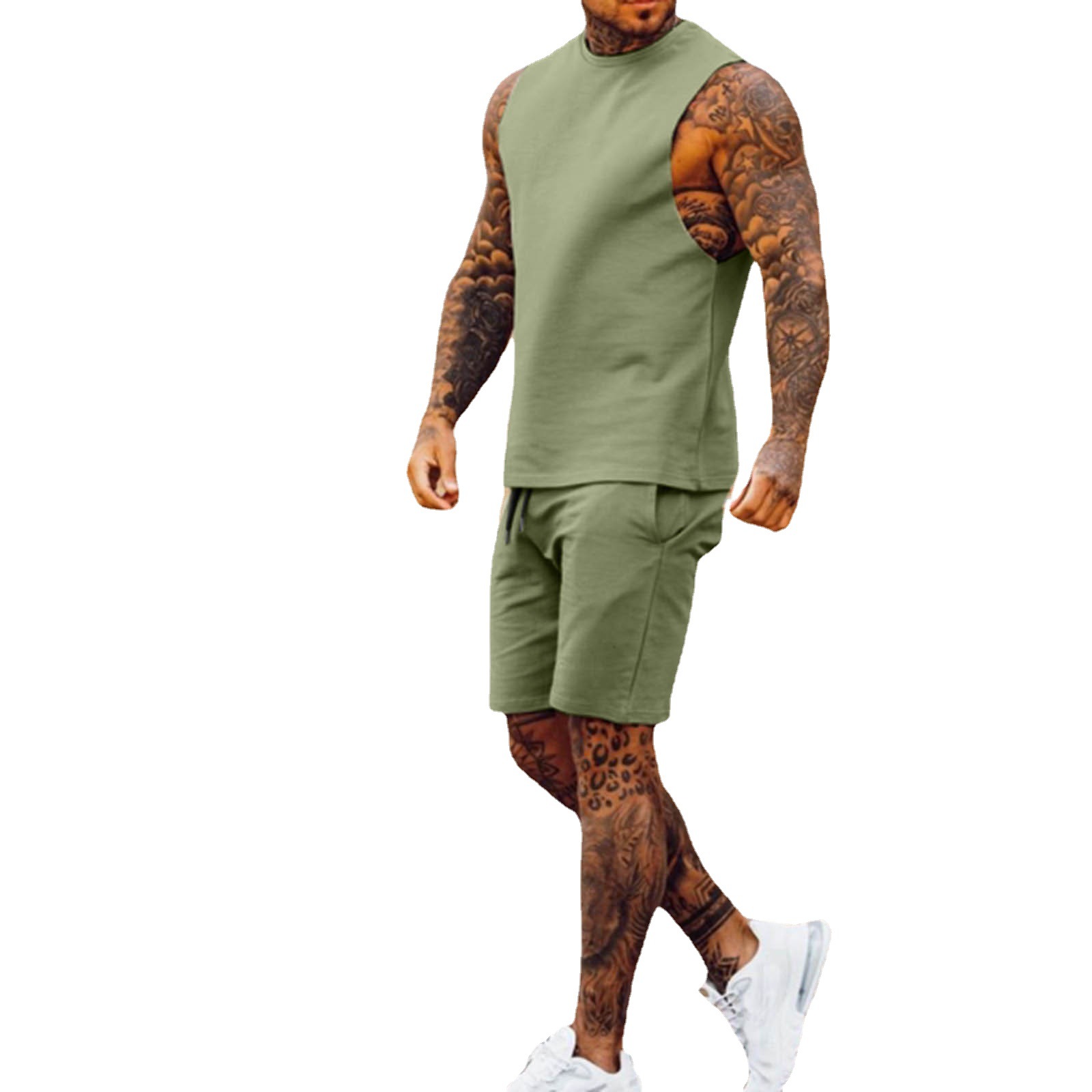 Transfronterizo nuevo traje deportivo casual de los hombres delgados pantalones recortados sin mangas de color sólido chaleco pantalones cortos de dos piezas conjunto