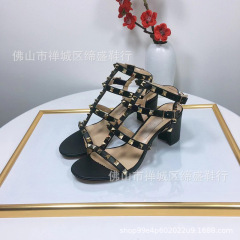 女性用ワンライン太ヒールサンダル、ヨーロッパとアメリカのファッション、多用途、オープントゥ、ハイヒール、ラウンドトゥ、ミッドヒール、アウタースリッパ