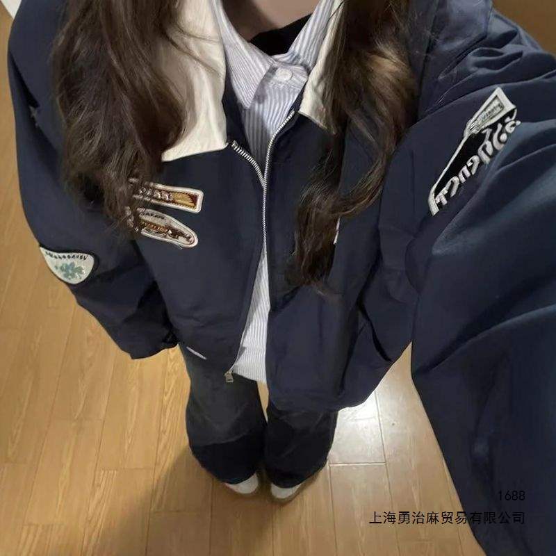 American retro collared coat for women, new spring 2026 style, trendy design, loose fit, casual couple jacket top.