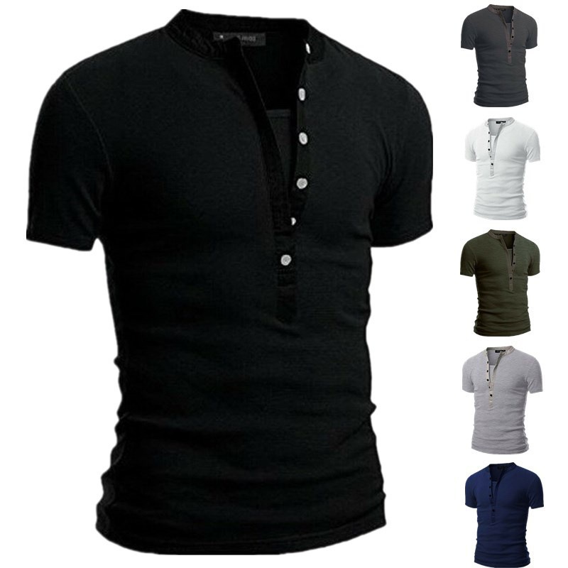 Foreign trade solid color short sleeve stand collar V slim summer men's T-shirt wish AliExpress best selling men's button T-shirt