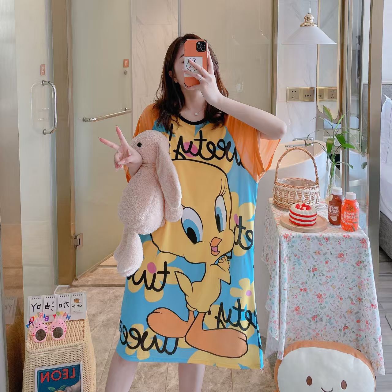 Spot falda de mujer viento perezoso talla grande camisón de mujer manga corta suelta y cómoda cuello redondo lindo vestido de casa con estampado de dibujos animados