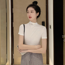 【Just JS】莫代尔半高领莫短袖打底衫女百搭T恤气质修身紧身黑色