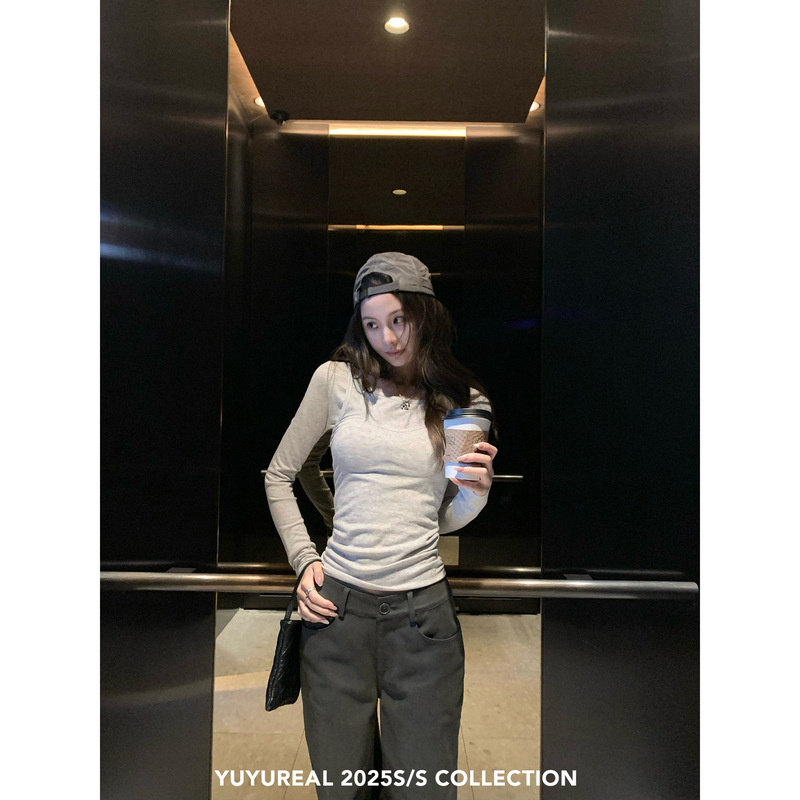 YUYUREAL 浅春系 天丝假两件修身上衣女春季设计感打底长袖T恤|undefined