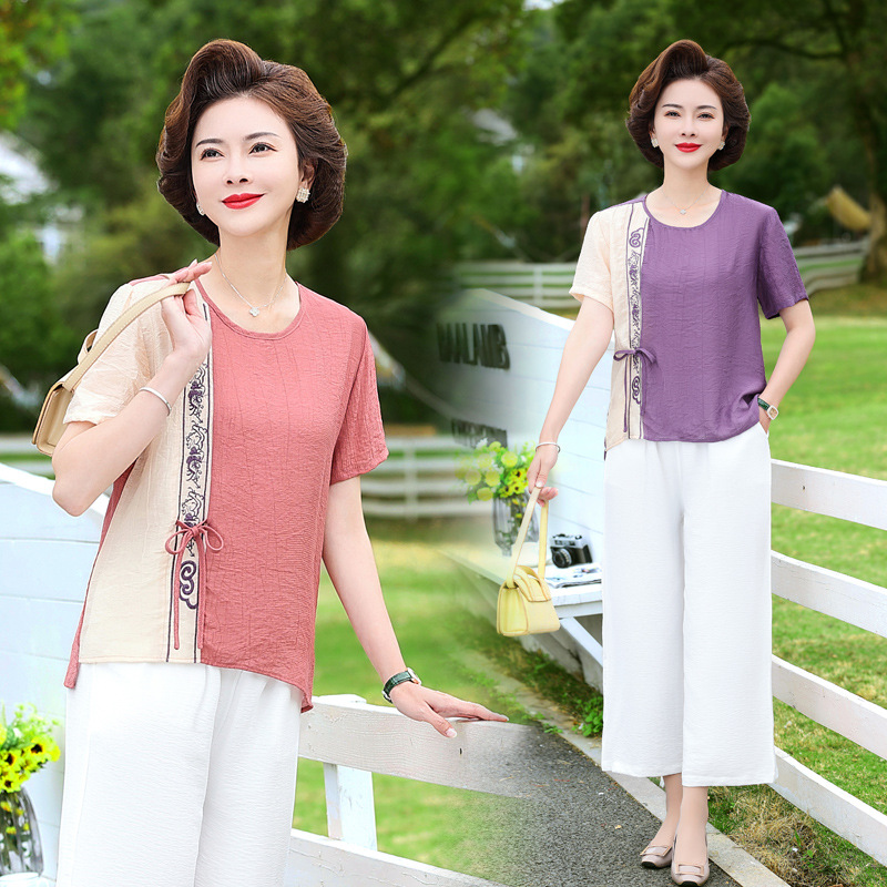 Middle-aged and elderly women's cotton and linen summer suit short-sleeved mother western style rich lady summer temperament thin age-reducing top