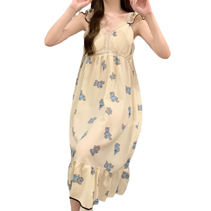 Verano delgado vestido de pijama de mujer cojín de pecho espuma de manga de flores volantes simple punto lindo oso pijama casero