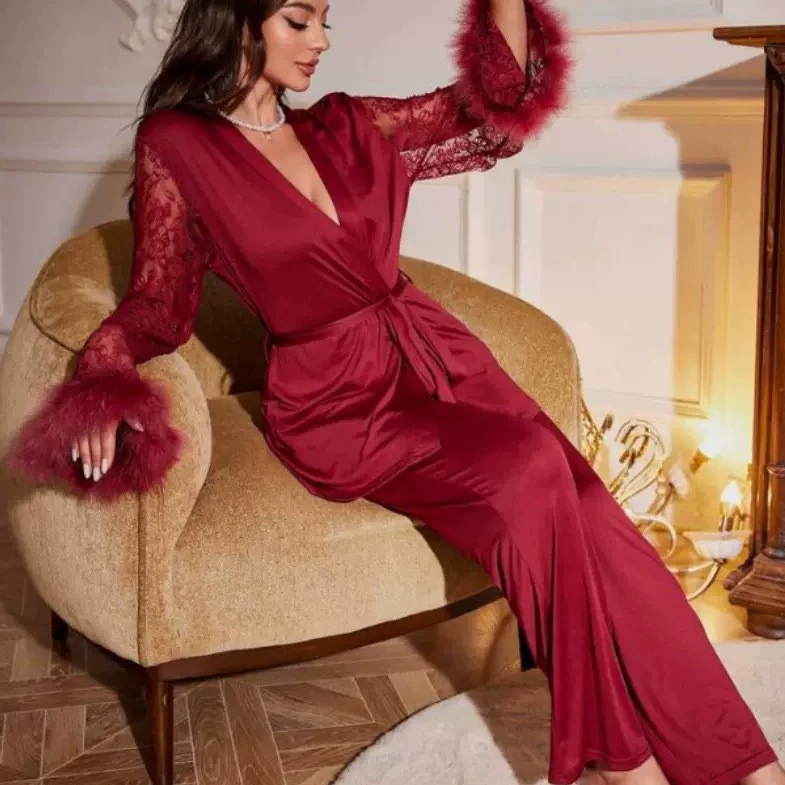 Новый трансграничный женский длинный сексуальный пижама с шитым v-образным вырезом пижамы набор для европейской и американской внешней торговли оптовая продажа с завода прямых продаж