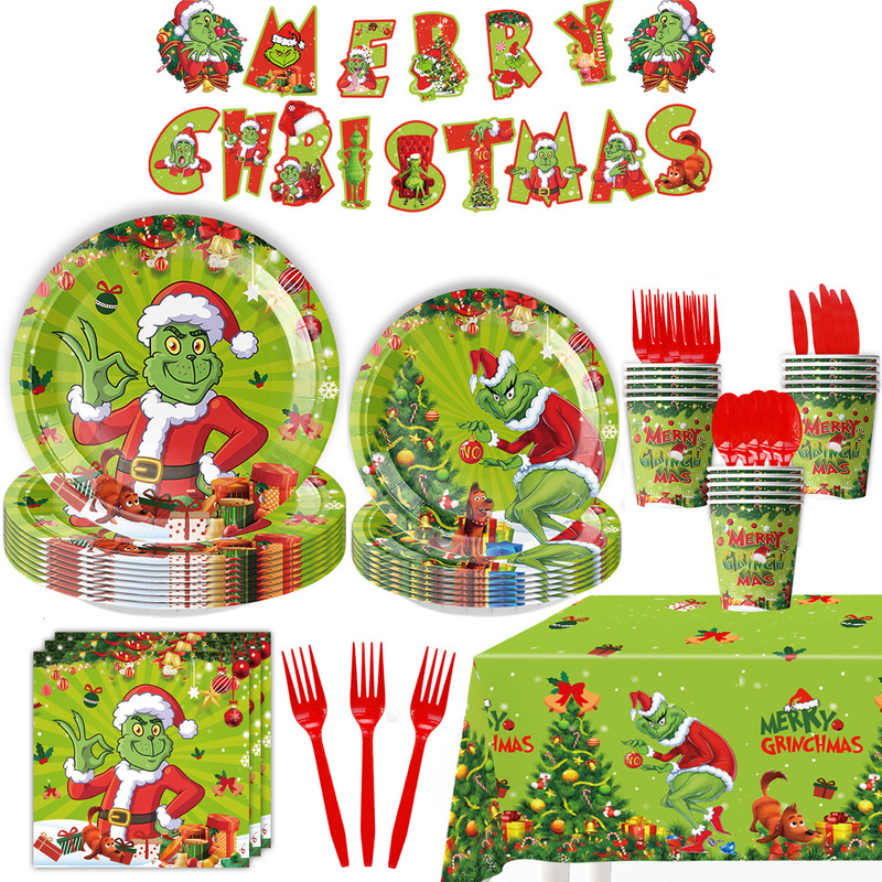 Cross Border Grinch Party Paper Tray Christmas Party Decoration suit Paper Cup Tissue Birthday Christmas Party Supplies