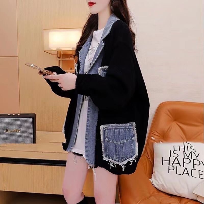 2023 new high-grade Denim stitching sweater coat women's design Korean style loose casual age-reducing top clothes