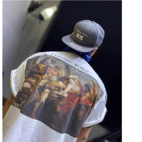 Printed Youth Loose Fit Chinese Trend Crew Neck 2025 Half Sleeve Base Shirt T American Direct Spray Retro Five Finger Sleeve