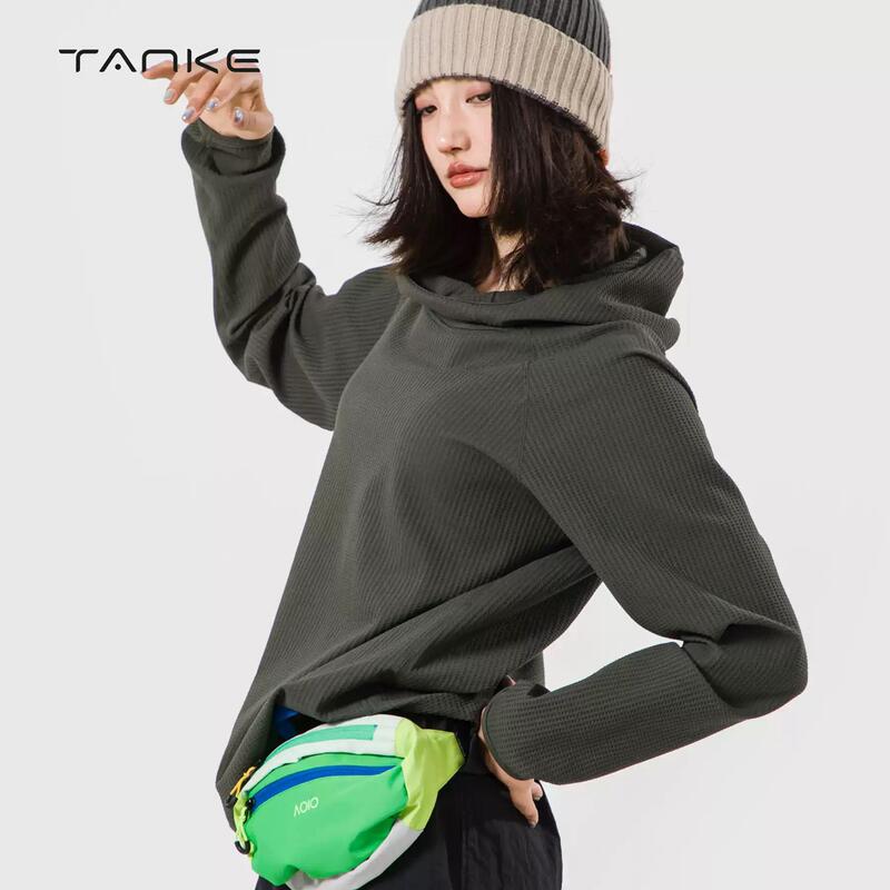 Tanke Men's and Women's Lightweight Air Waffle Loose Hooded Sweatshirt Solid Color Long-Sleeve Base Layer T-Shirt 9389