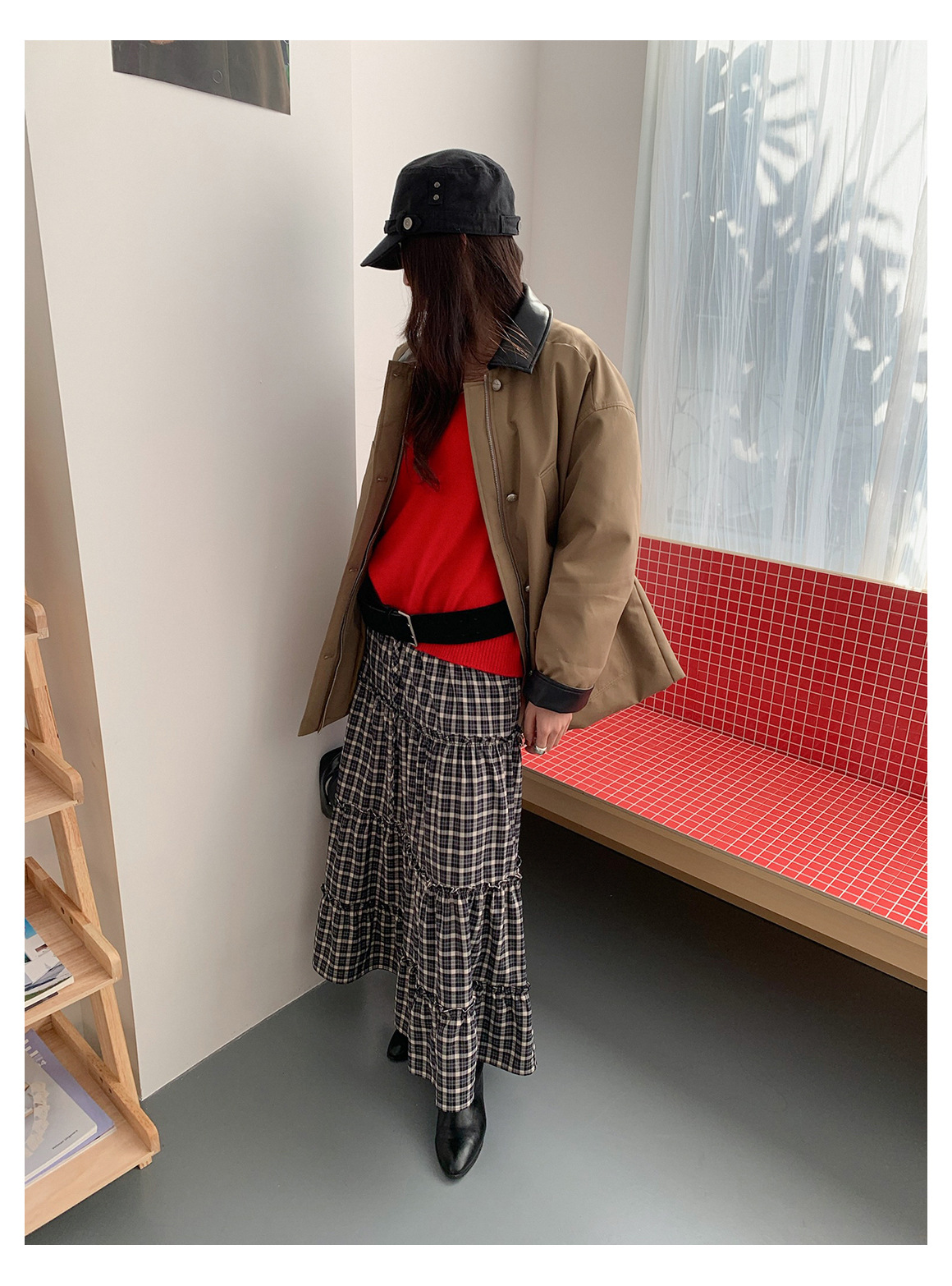 GraceChic GraceChic GraceChic Inbyin Gonna midi a quadri arricciati in stile coreano per donna, lunga vita elastica, che copre i fianchi, snellente_voghion.com