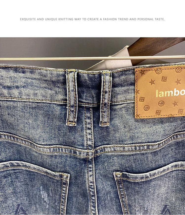 Slim Fit Printed Cropped Jeans For Men Distressed Patched Design_voghion.com