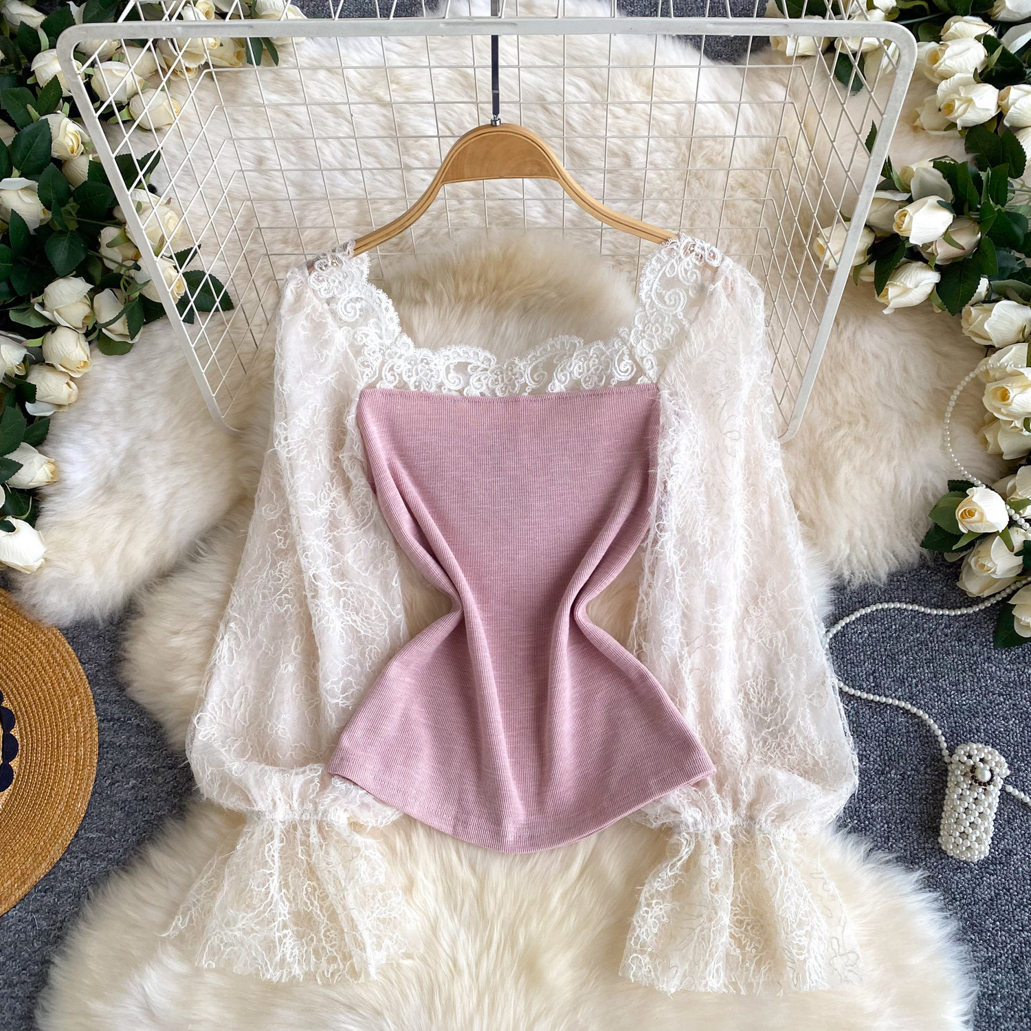 Elegante Langarm Strickjacke Mit Spitzenbesatz Und Karreeausschnitt_voghion.com