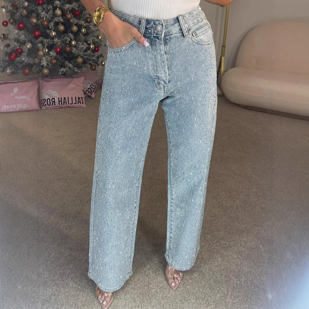 Foreign Trade European and American Amazon Women's Fashion Full Rhinestone Washed Denim Jeans, High-Waisted Straight-Leg Pants with a High-End Feel for Women, Trendy Long Pants