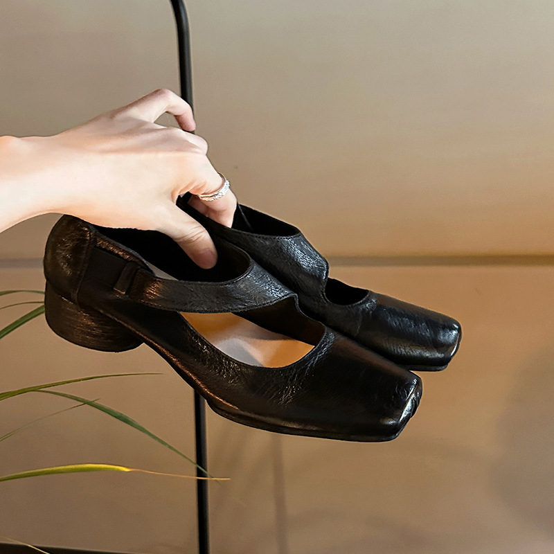 葡萄妈studiolee 高阶质感马皮方头粗跟软面小皮鞋高跟单鞋女秋款