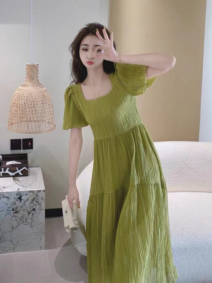 Đầm suông nữ midi cổ vuông tay phồng phong cách Pháp Hepburn — Màu xanh lá