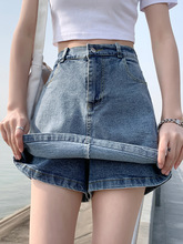 2024夏新款高腰牛仔裤女修身设计感假两件裤裙防走光弹力包臀短裤