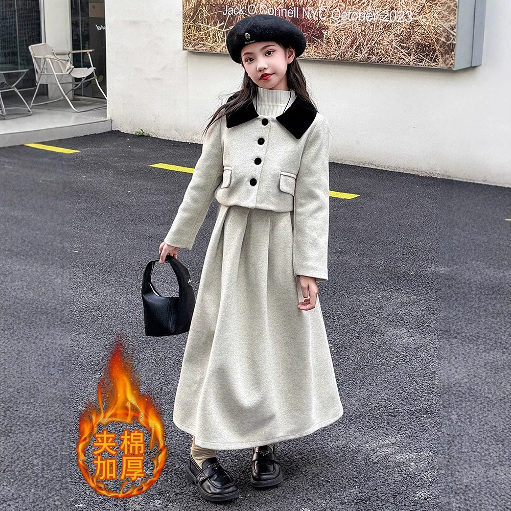 Осенний комплект, пуховик, шерстяная теплая юбка, стиль Chanel, корейский стиль, французский стиль