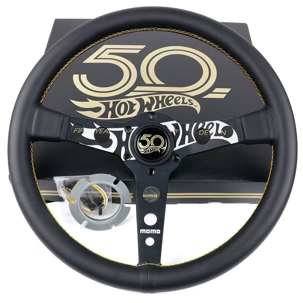 New MOMO 50th Anniversary Genuine Leather Car Modified Racing Steering Wheel 14inch Matte Leather Universal Quick-Release Steering Wheel