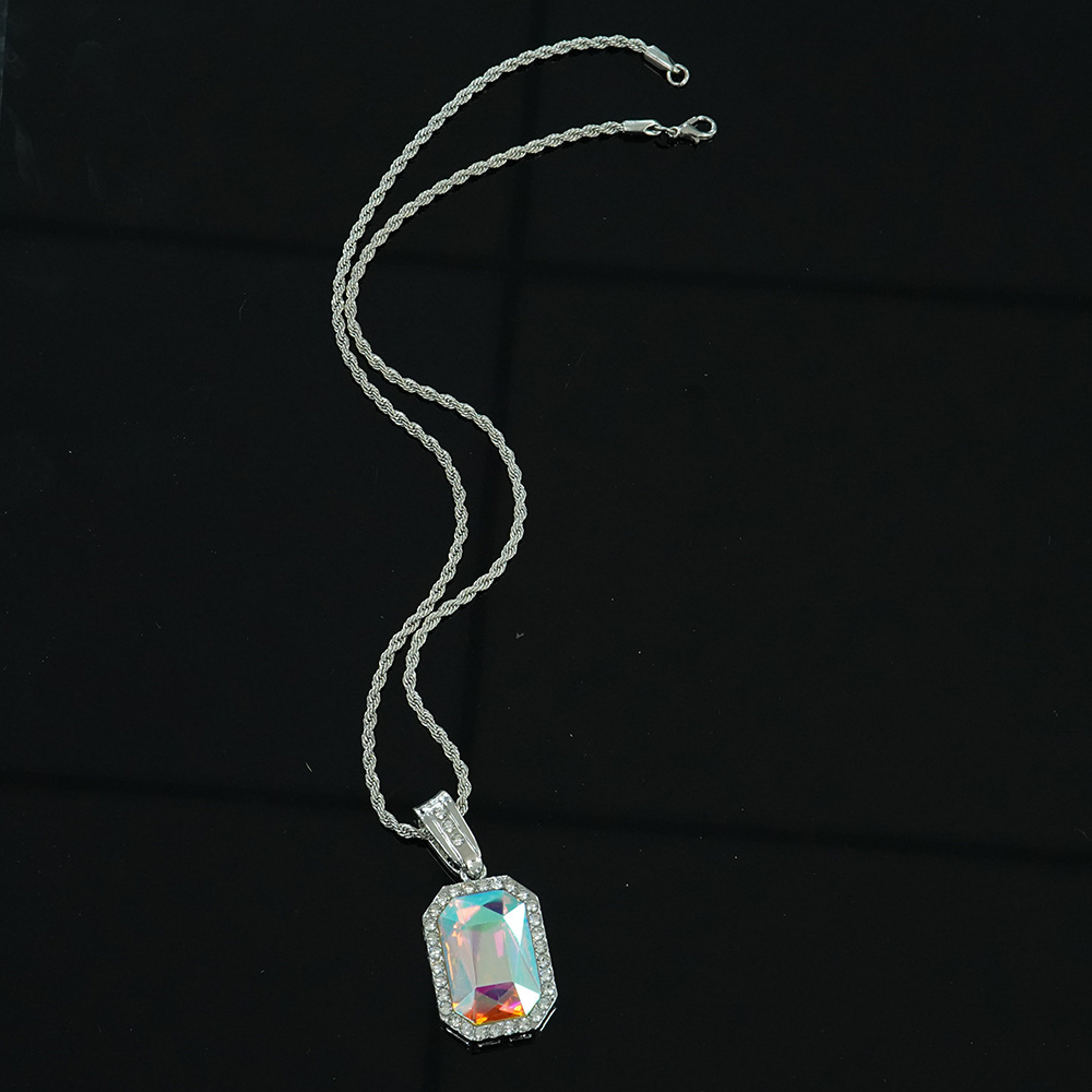 Collar con Colgante Cuadrado de Piedras Preciosas Coloridas Estilo Hip-hop, Estilo Minimalista, Unisex, Cadena para Suéter, Joyería