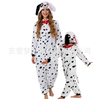 亲子款拉链斑点狗卡通连体睡衣秋冬情侣家动物居服动物摇粒绒睡衣