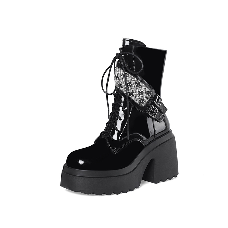 Boot nữ cổ ngắn phong cách Anh quốc, gót vuông 10cm, đế platform, khóa kéo bên hông — Lót nhung đen