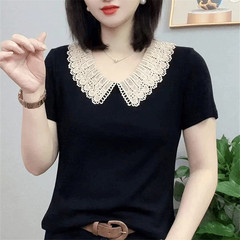夏の新しいファッショナブルで年齢を軽減するレース襟半袖Tシャツ、女性用、スリムで多用途な無地の女性用シャツ