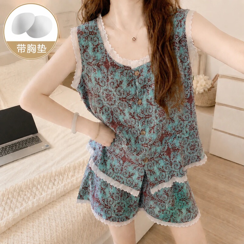 TikTok AI live streaming hit product: summer lace vacation-style pajamas with built-in breathable chest pads, women's home wear set TikTok AI live streaming hit product: summer lace vacation-style pajamas with built-in breathable chest pads, women's home wear set
