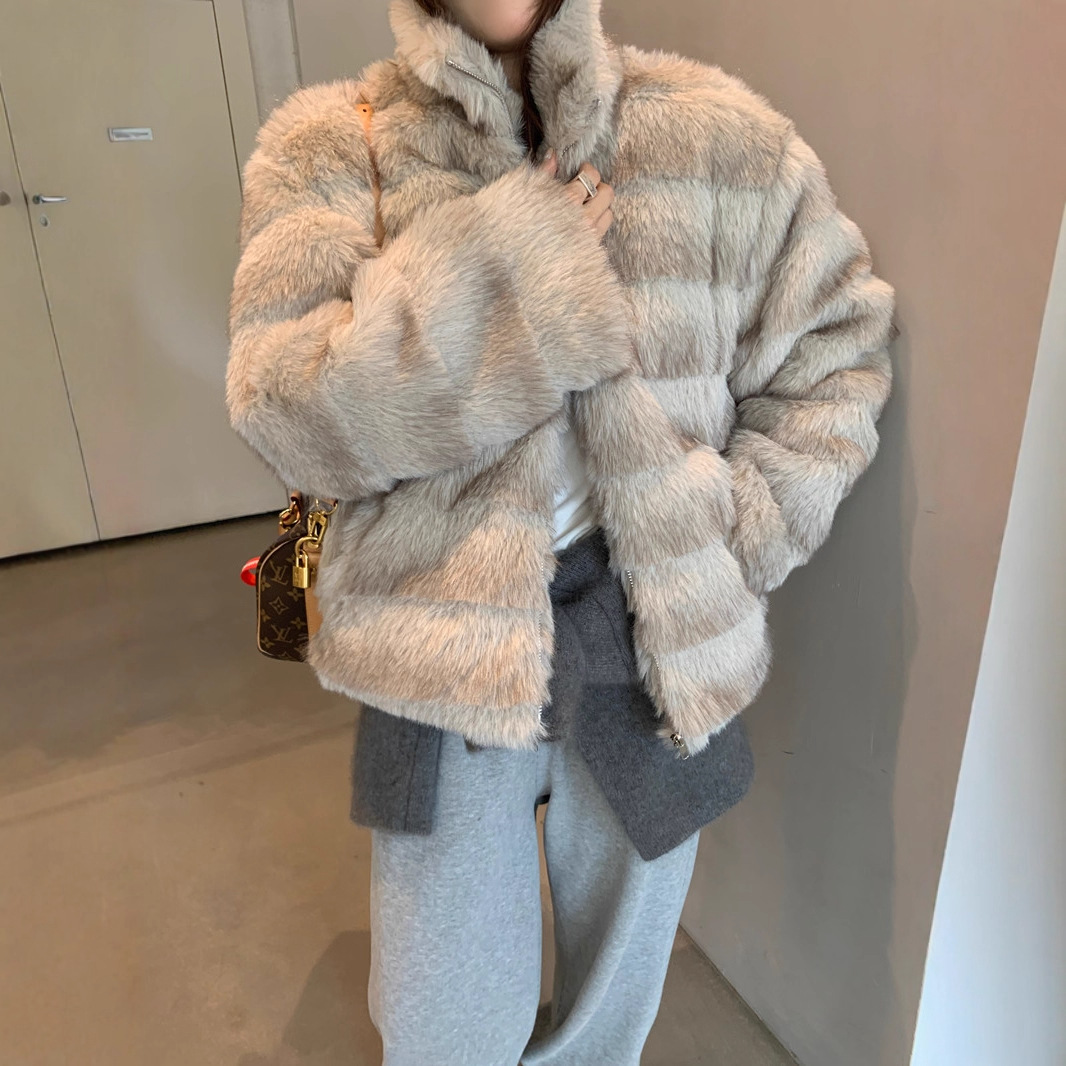 实拍 复古仿貂毛柔雾渐层宽松加厚夹棉毛毛环保皮草外套短款上衣