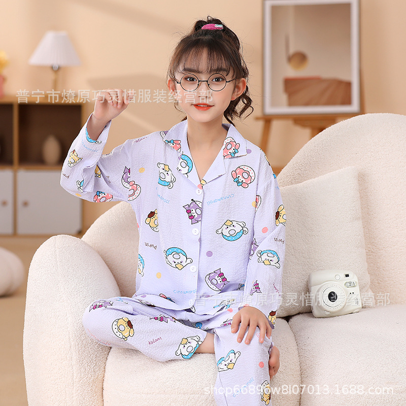 Pijama de niñas primavera y otoño dibujos animados tela espuma de tela delgada manga larga lindo ropa para niños de tamaño medio y grande ropa para el hogar