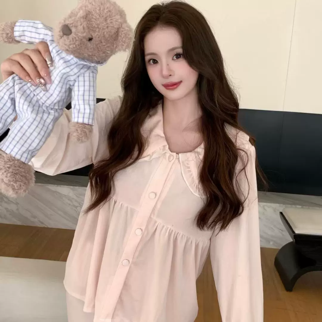 【粉栗】春秋新款金丝绒睡衣女秋冬季娃娃领甜美可爱风家居服套装