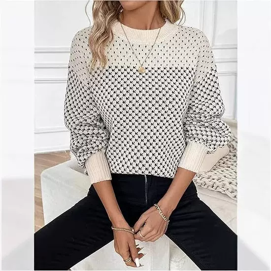 跨境女士秋冬新款千鸟格圆领套头针织衫