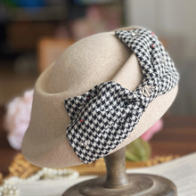 帽子女冬高级感澳毛纯羊毛毛呢帽精品不规则空姐帽千鸟格贝雷帽