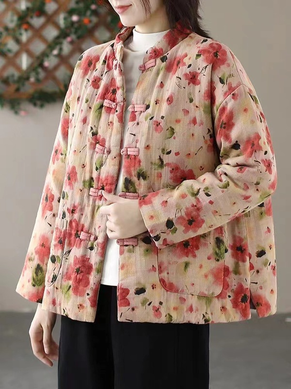 2025秋冬款复古中式盘扣印花棉衣女立领加衬夹棉保暖棉服加厚外套|undefined