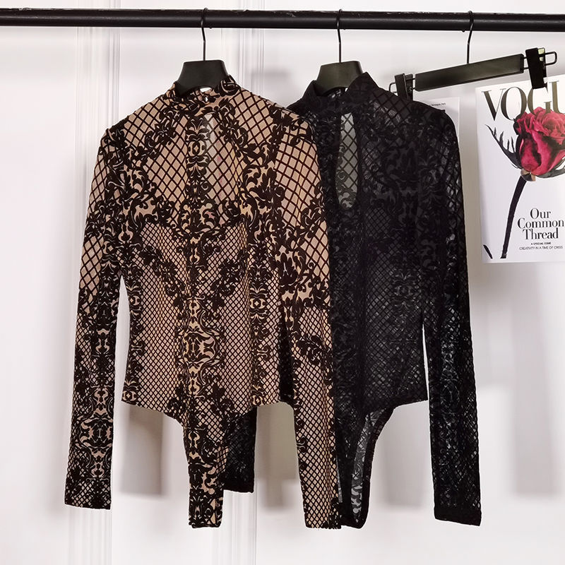 European and American ins2023 Autumn and Winter Explosions Slim-fit All-match Embroidered Long-sleeved High-end T-shirt Lace Base Shirt Women's jumpsuit