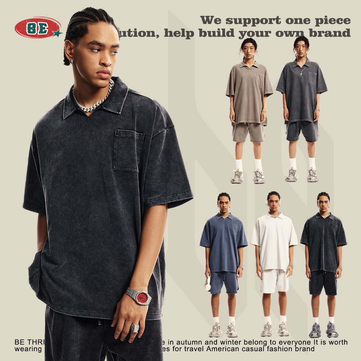 BE men's clothing 2025 spring and summer washing lapel short shirt teen loose vacation style Cuban collar short shirt T-shirt men