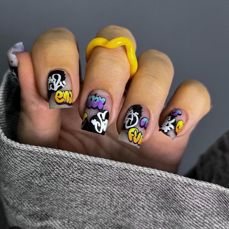 European and American Style Matte Street Art Lettering Cartoon Graffiti Nail Art Fake Nails Finished Products Wholesale Wearable Nails Removable Nail Pieces