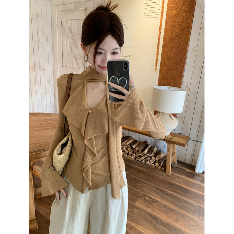 熹凤梨~入秋松弛系 设计感飘带V领T恤女秋长袖上衣+麻色阔腿裤|undefined