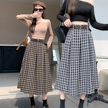 腰带毛呢格子中长款半身裙2024秋冬新款复古高腰遮跨显瘦半身裙