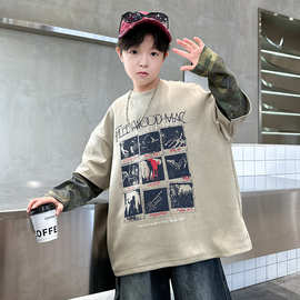 秋季中大男童长袖T恤新款童装儿童男孩拼接假两件t打底衫百搭帅气