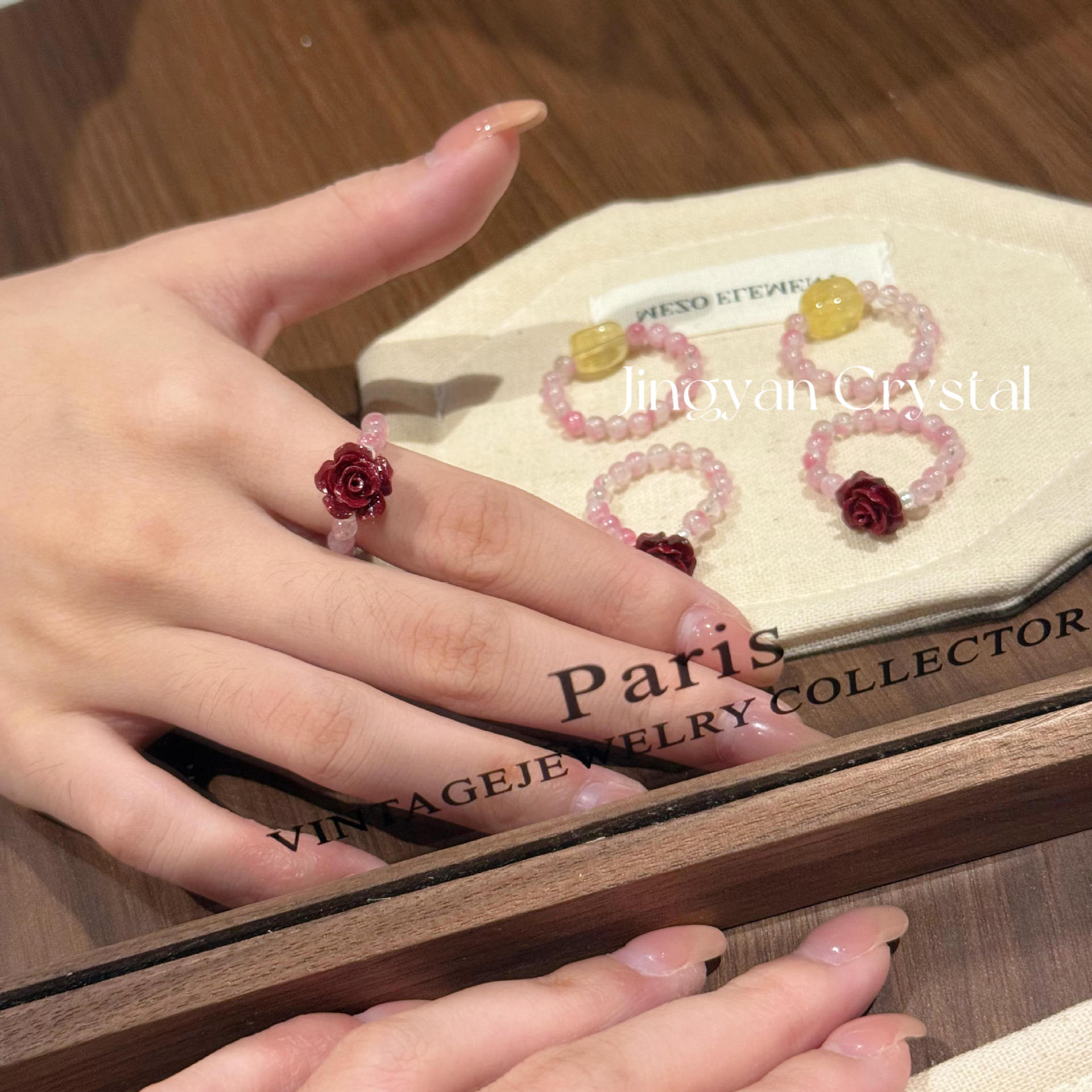 Natural cinnabar rose cherry blossom rain e-commerce live streaming sales supplier of sweet new crystal beaded rings